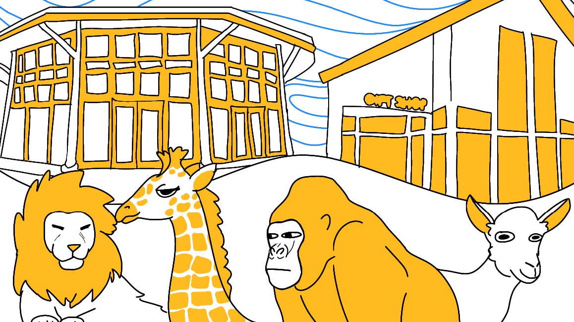 drawing of a lion, giraffe, gorilla and goat. Two structures behind. The color yellow dominates the piece.