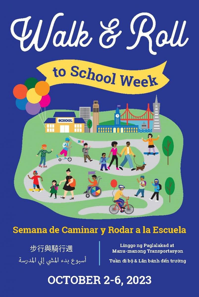 Flyer for Walk & Roll to School Week. The image shows kids walking, biking, and rolling to school.