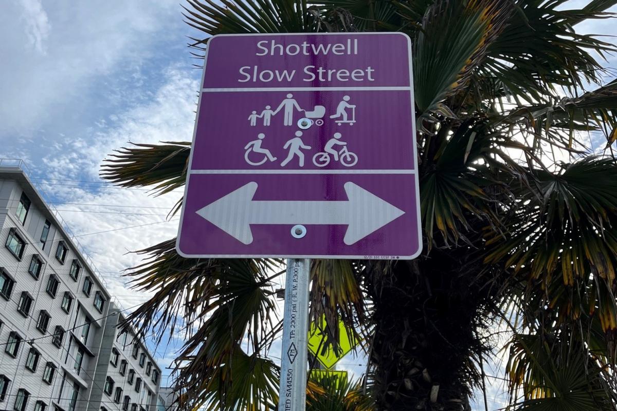 Image is of a purple sign that tells the reader they are on a Slow Street.