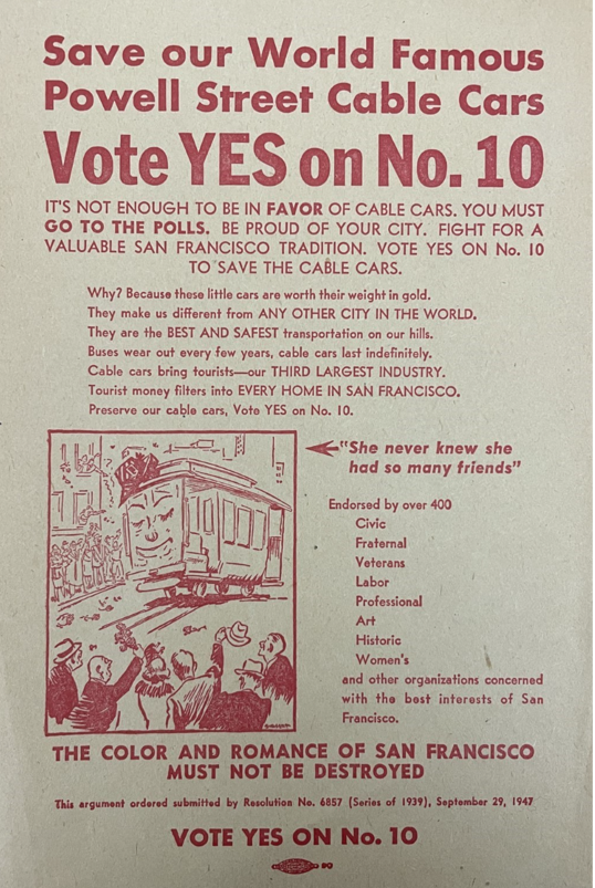 A campaign flyer with information on why to vote yes on Prop. 10 to save the cable cars