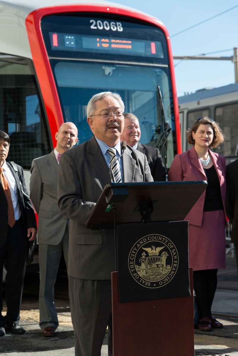 Ed Lee speaking at the launch of Muni's new Light Rail Vehicle