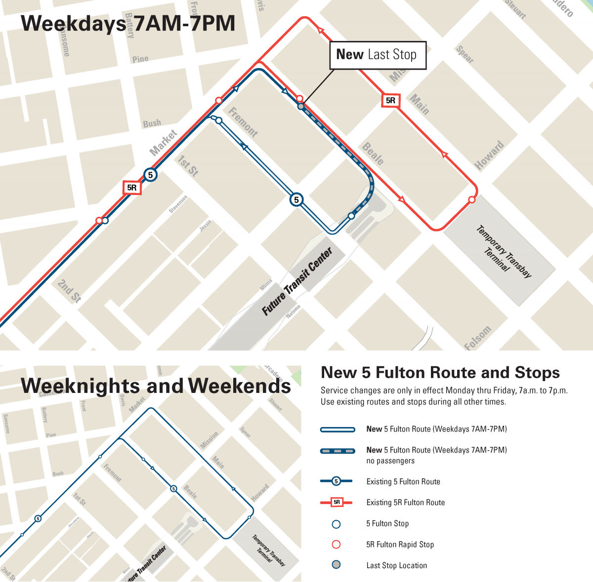 Map of new 5 Fulton Stops for Weekday Service to 6th Ave