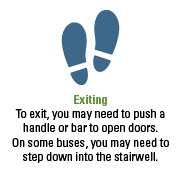 Exiting. To exit, you may need to push a handle or bar to open doors. On some buses, you may need to step down into the stairwell.
