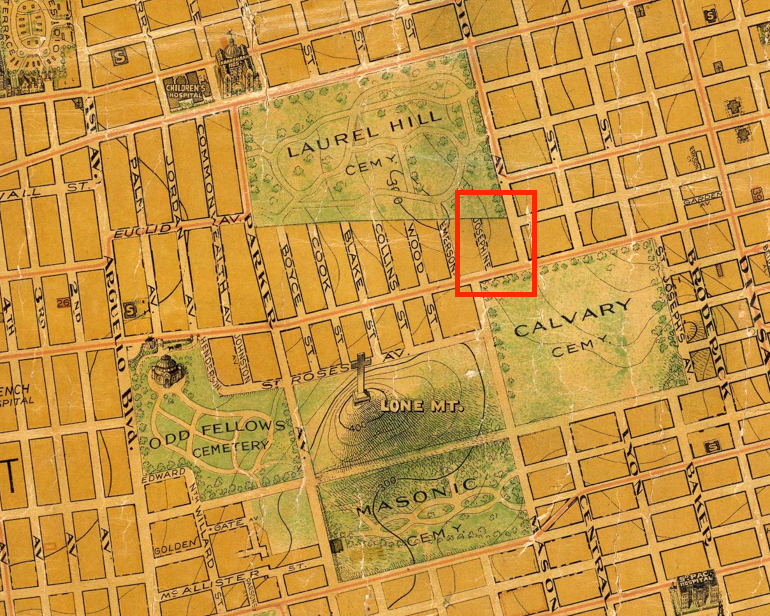 detail view of a 1911 map of San Francisco showing the area surrounding Geary Boulevard and Masonic Avenue.  Surrounding this intersection are four large cemetery plots.