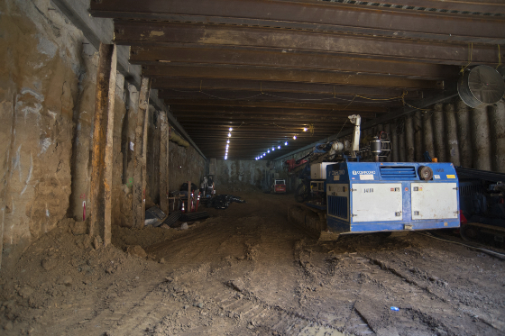 Excavation continues under the roof deck on Stockton Street between Ellis and O'Farrell Street.