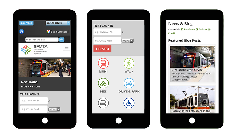 Three smart phones each displaying a view of the new SFMTA website layout