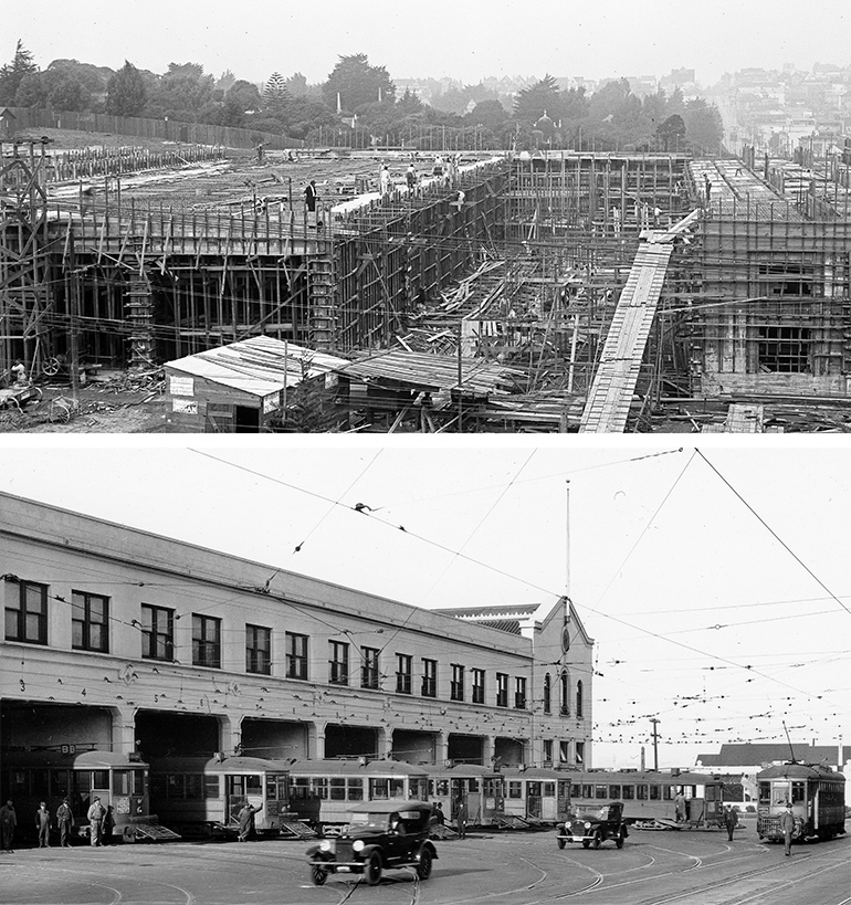 Split-scrren image fo two black and whote photos.  Top photo shows a large building, Muni's Presidio Division, under construction in 1912.  In the background a hilly graveyard is visible, filled with headstones, monuments and trees.  Bottom image is the completed building in the 1920s with streetcars and automobiles outside it.