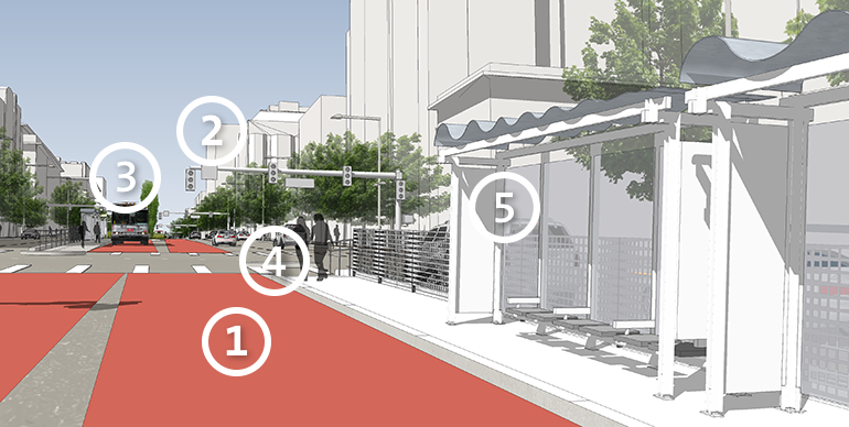 Rendering of a Bus Rapid Transit boarding platform on Van Ness that shows two transit-only lanes in the center of Van Ness and a shelter with seating.