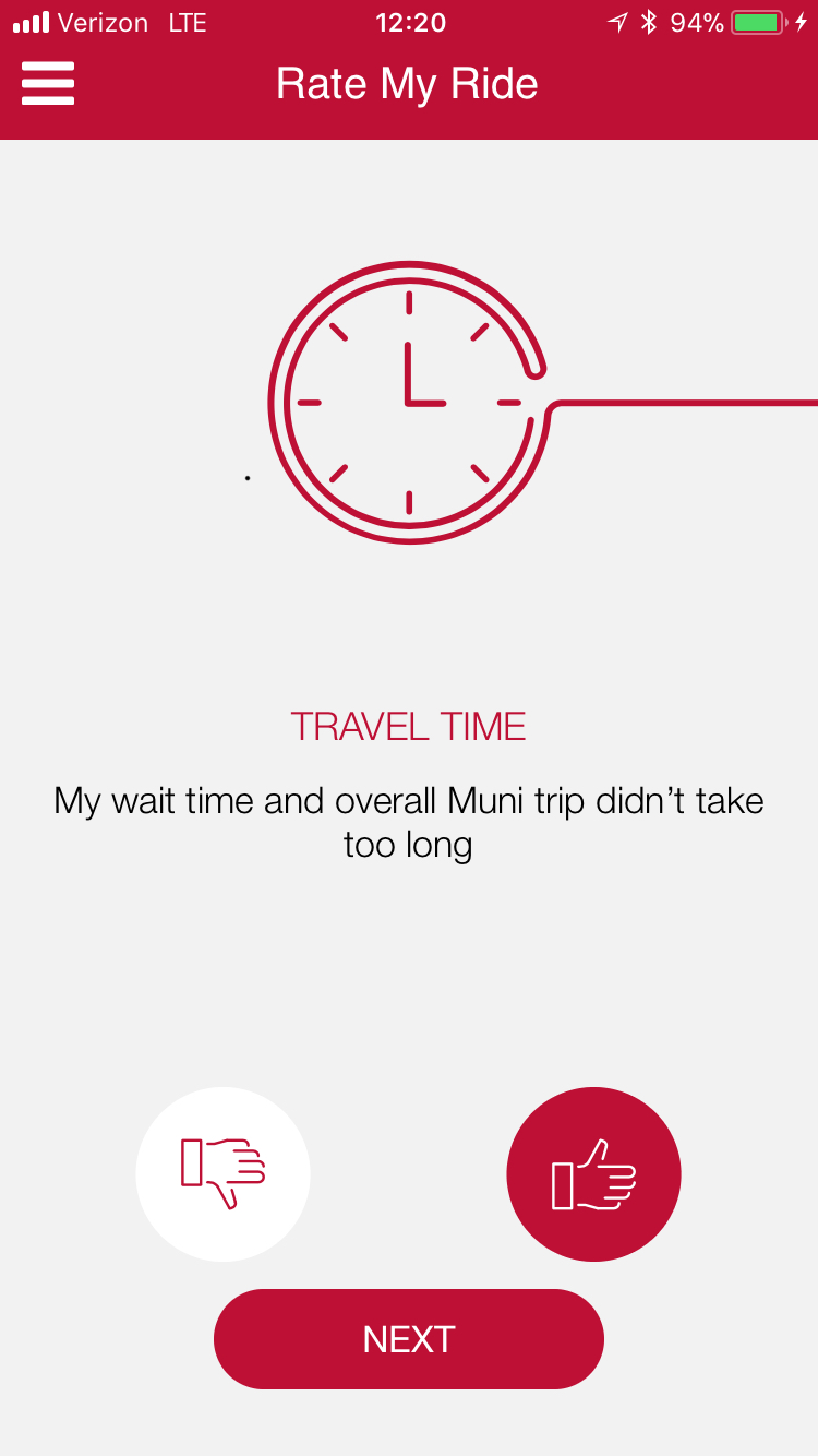 "Rate My Ride" feature screen shot, showing the "Travel Time" rating for "My wait time and overall Muni trip didn't take too long."