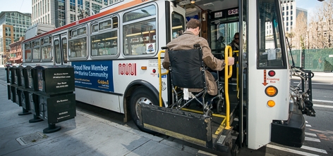 Passenger uses wheelchair lift on a Muni bus | March 11, 2013