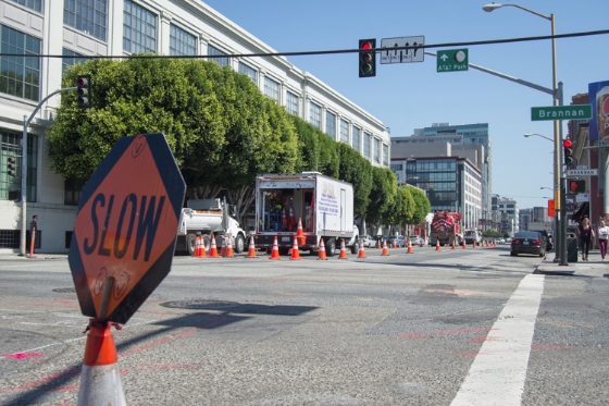 On 4th Street between<br />
    Brannan and King streets, work on cleaning a sewer line continues.