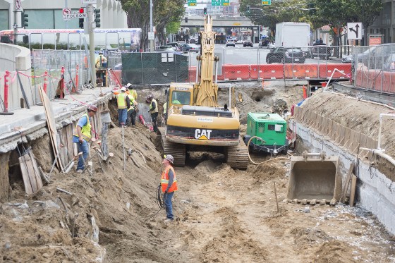 The excavation of the<br />
        east side of 4th Street continues between Folsom and Howard streets.