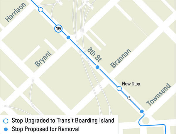 Map of stop upgrades, removals, and relocations for the 19 Polk on 8th Street