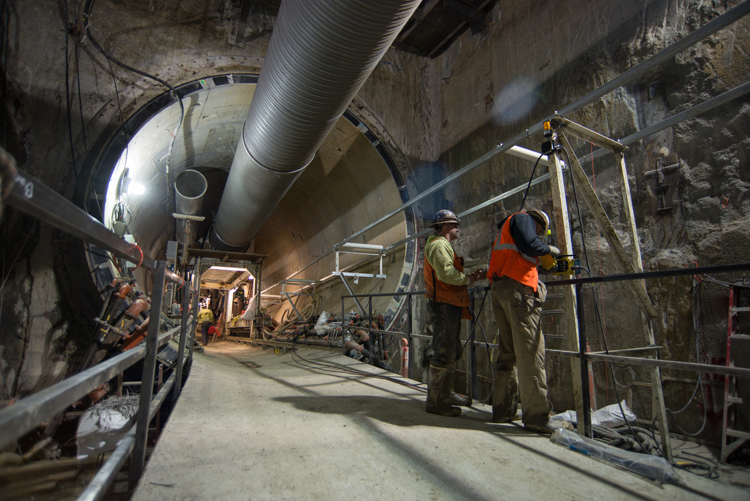 Workers have recently finished the conveyor system for tunnel boring machine Big Alma. This system transports ground spoils from the underground TBM launch site at 4th and Harrison.