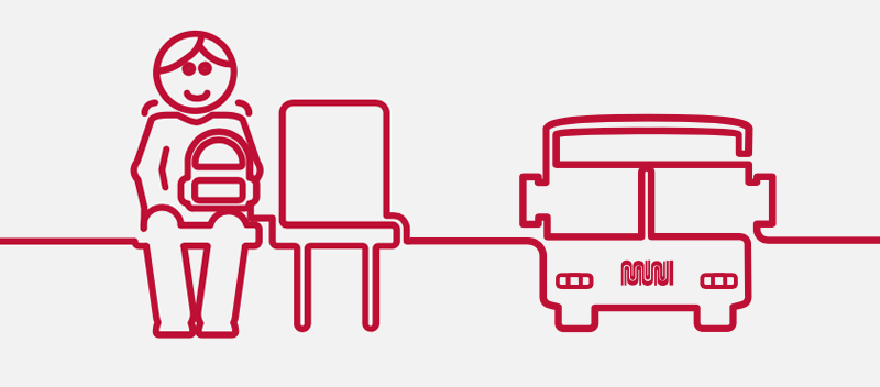 Red on white graphic of a bus rider and the front of a bus side-by-side