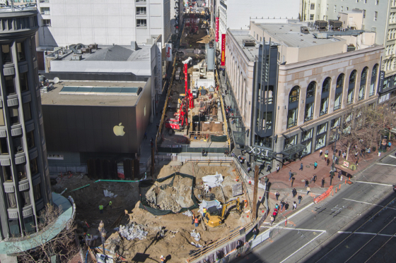 An aerial view of the<br />
    current excavation of the future Union Square/Market Street Station.