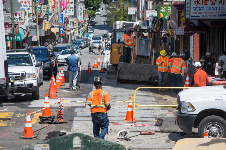 On Washington Street east of Stockton, workers have temporarily closed a lane to upgrade a high-pressure water<br />
    line.