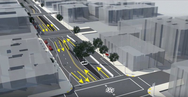 Rendering of Van Ness with yellow arrows showing traffic plan.