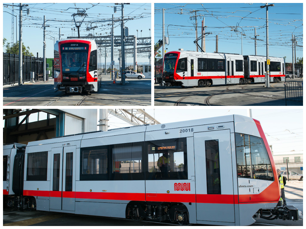 Collage of new red and silver Muni trains moving under the catenary wires at Muni Metro East.