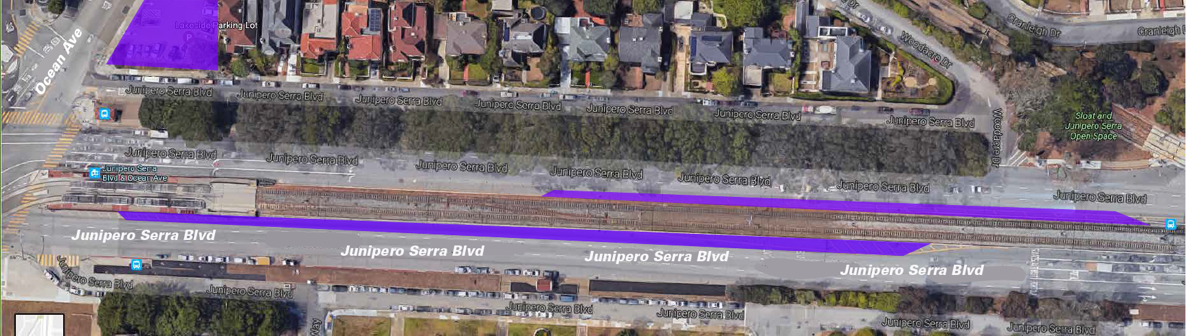 Median space along K Ingleside tracks on Junipero Serra between Ocean and Sloat will be used for staging during the construction. The Lakeside Parking Lot at the corner of Ocean and Junipero Serra will also be used for storage and staging until construction is complete.