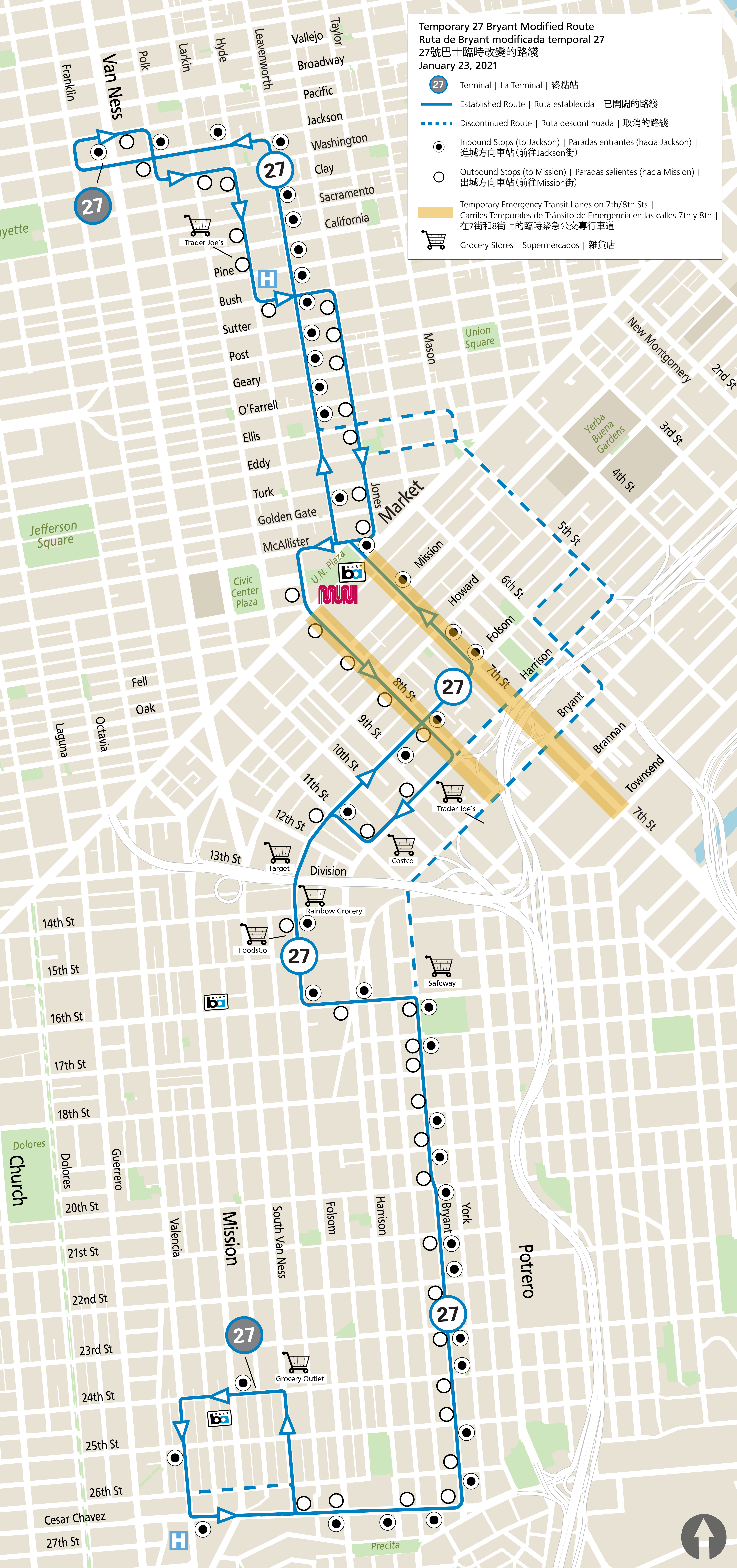 Map showing new route, old route and transit lanes for the 27 Bryant in SoMa.