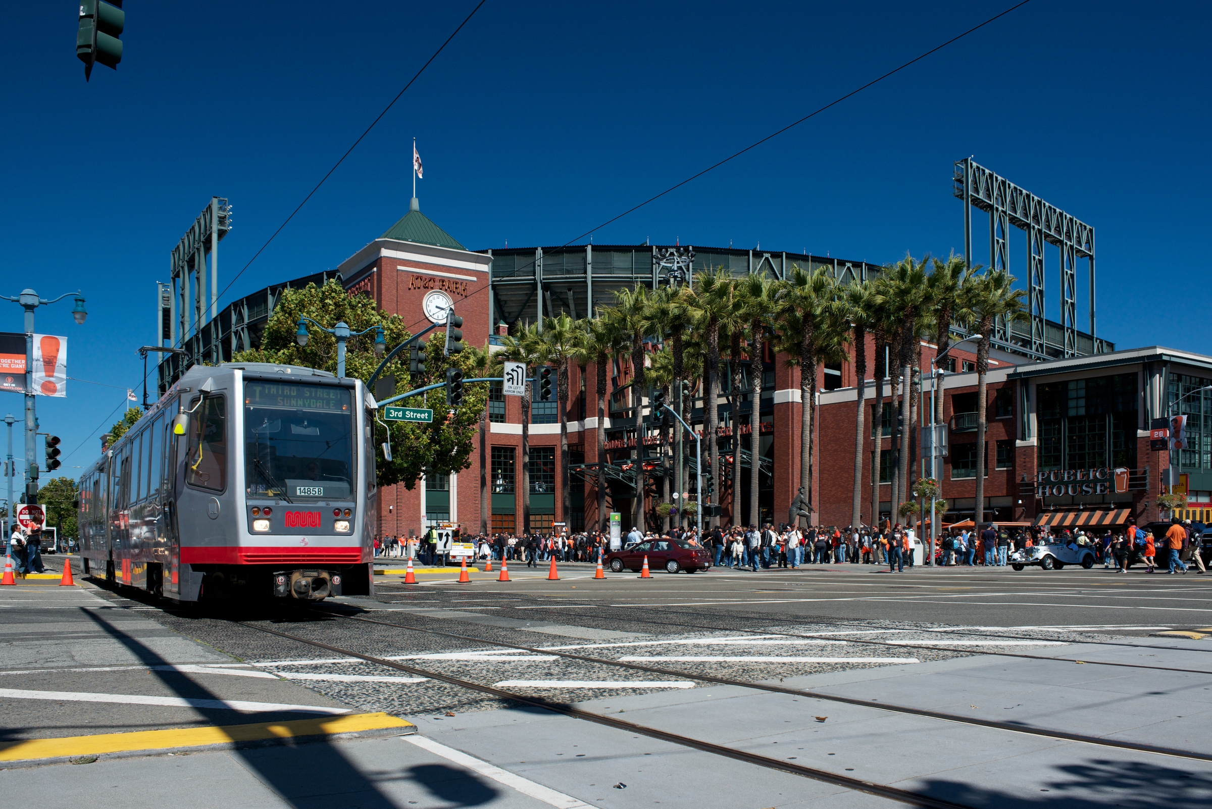 N Judah light rail vehicle traveling westbound on King Street in front of AT&T Park