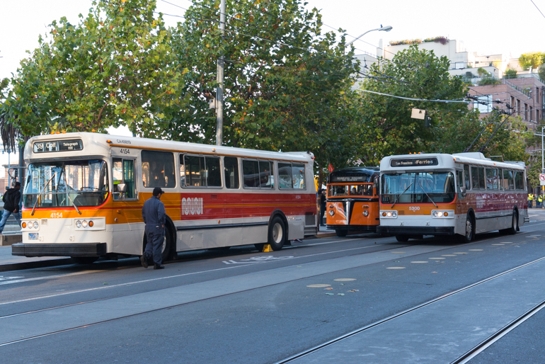 Vintage Buses #4154, #5300, and #042 on Steuart St. During Muni Heritage Weekend | November 2, 2014