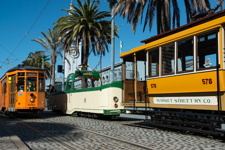 Streetcars 1893, 228, and 578 on the Embarcadero | November 2, 2014