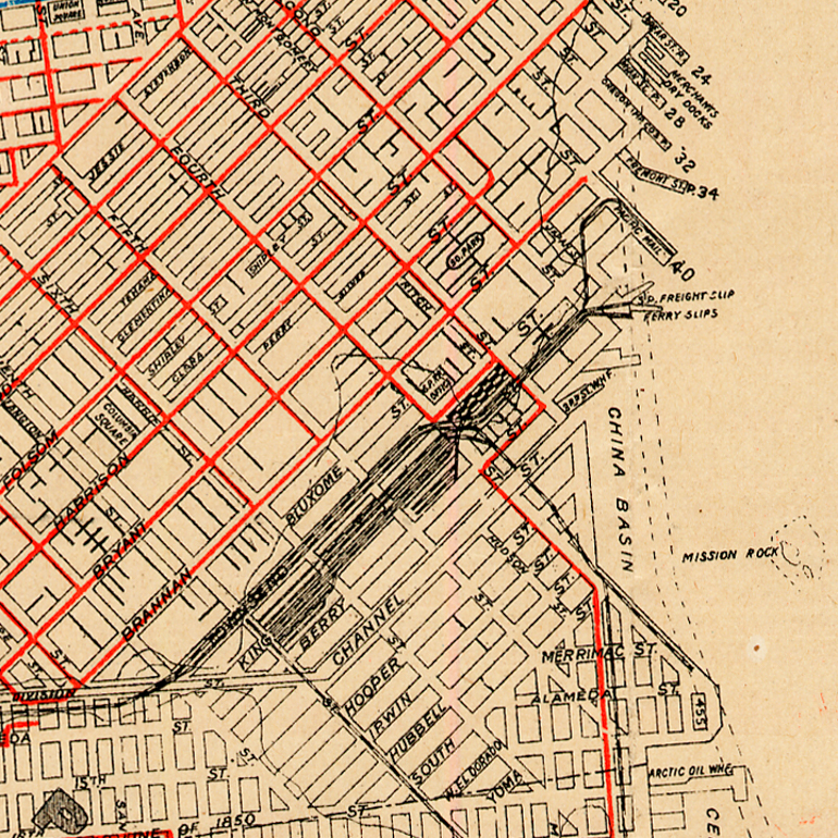 Zoom-in view of 1906 San Francisco transit map showing South of Market area centered on Fourth and King Streets.  Origin of map unknown