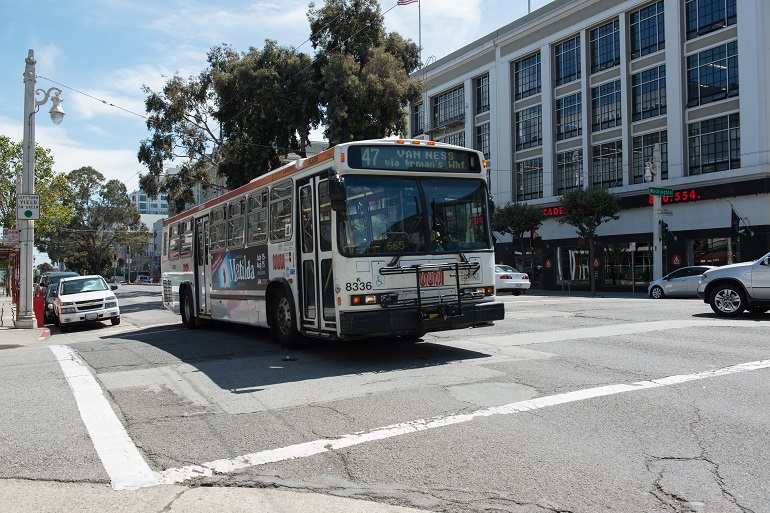 The 47 Van Ness bus heads north on Van Ness Avenue.