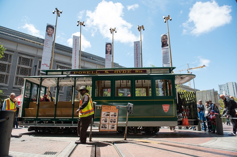 Cable Car operators turn Cable Car 12 around on the Powell/Market turn table.