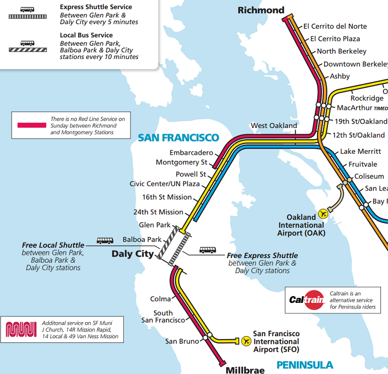 A BART system map illustrating the location of the planned track closures.]