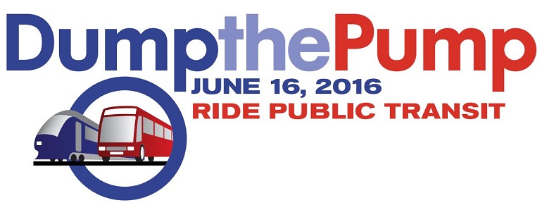 Red, white and blue logo of "Dump the Pump" with a stylized bus and train.