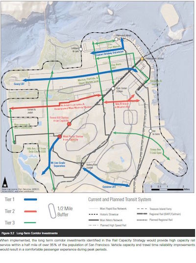 San Francisco map with proposed long-term rail improvements