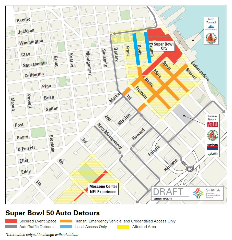 Map of downtown SF shows Super Bowl event areas and traffic detours.
