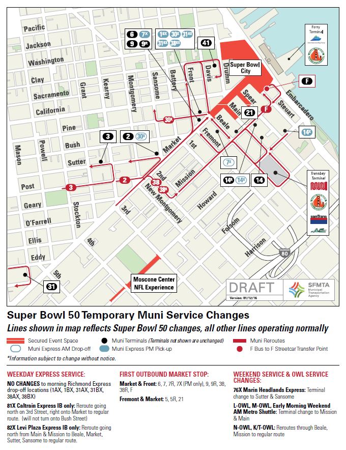 Map of downtown San Francisco with lines and numbers marking transit changes for Super Bowl events.