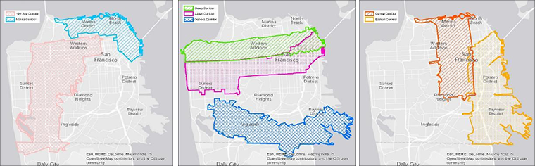 Three maps of San Francisco set side-by-side with highlighted areas shaded in various bright colors.