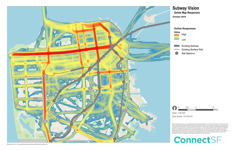 A brightly colored map providing a color code of online responses for the "Subway Vision."