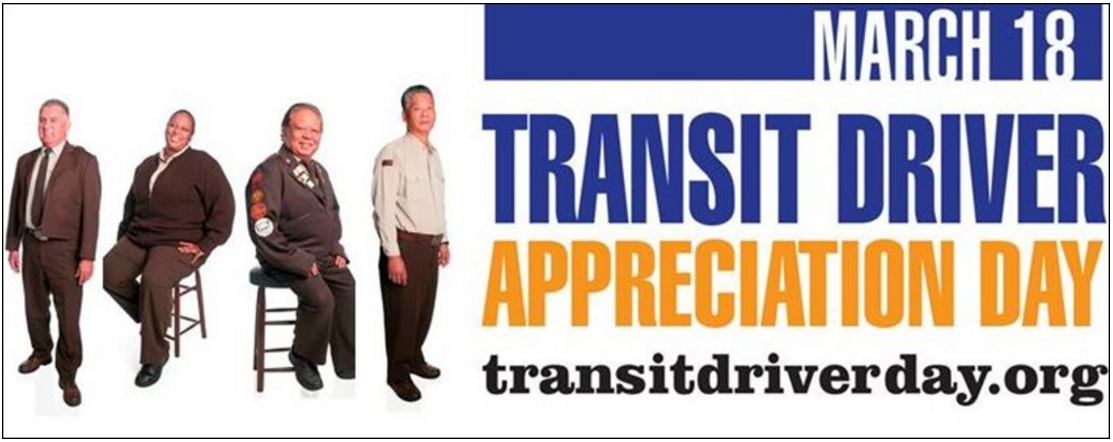 Four Muni operators in brown and tan uniforms are standing on the left with the "Transit Driver Appreciation Day" logo in blue and yellow on the right.