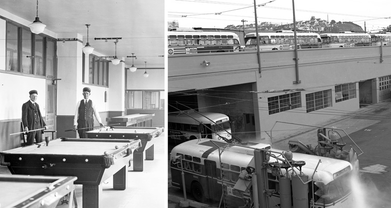Two images are shown together as a collage. On the left is an image of two Muni streetcar operators in old fashioned uniforms standing around a pool table with a game in progress at the recreation room at Potrero Division. The image is black and white and was taken in 1925. On the right is an image of an outdoor bus yard, with two levels of storage for trolley buses. The buses at the top are lined up as if on the flight deck of an aircraft carrier. On the bottom level, a bus is going through an industrial-size bus washer.