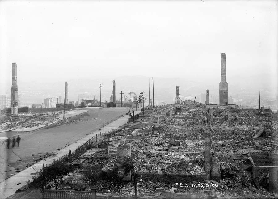 Black and white photograph showing Nob Hill in San Francisco covered in burned buildings and rubble taken from near Jones and Clay Streets on May 6, 1906.