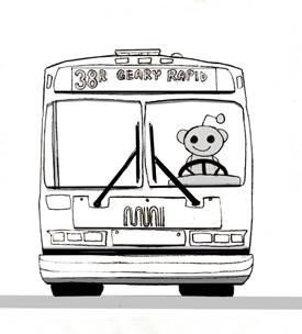 A black and white line drawing of a Muni bus with the Reddit mascot driving.