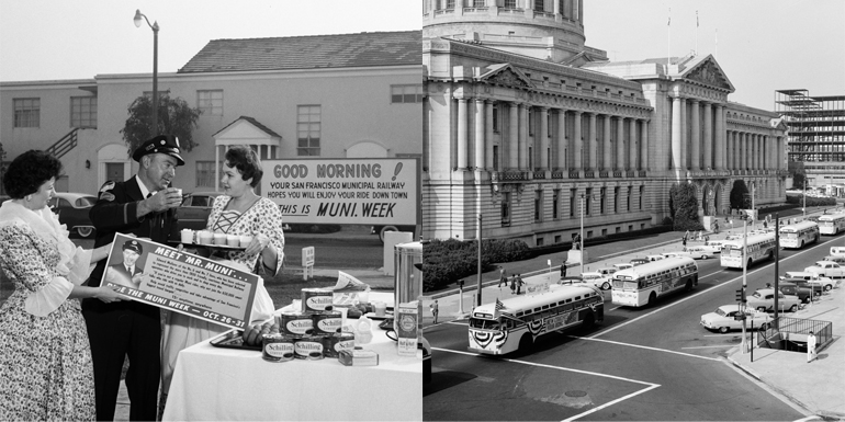 Two images placed side by side, the image on the left shows three people standing next to a table with doughnuts and coffee talking to each other.  Left photo shows a long row of buses parading past San Francisco city hall.