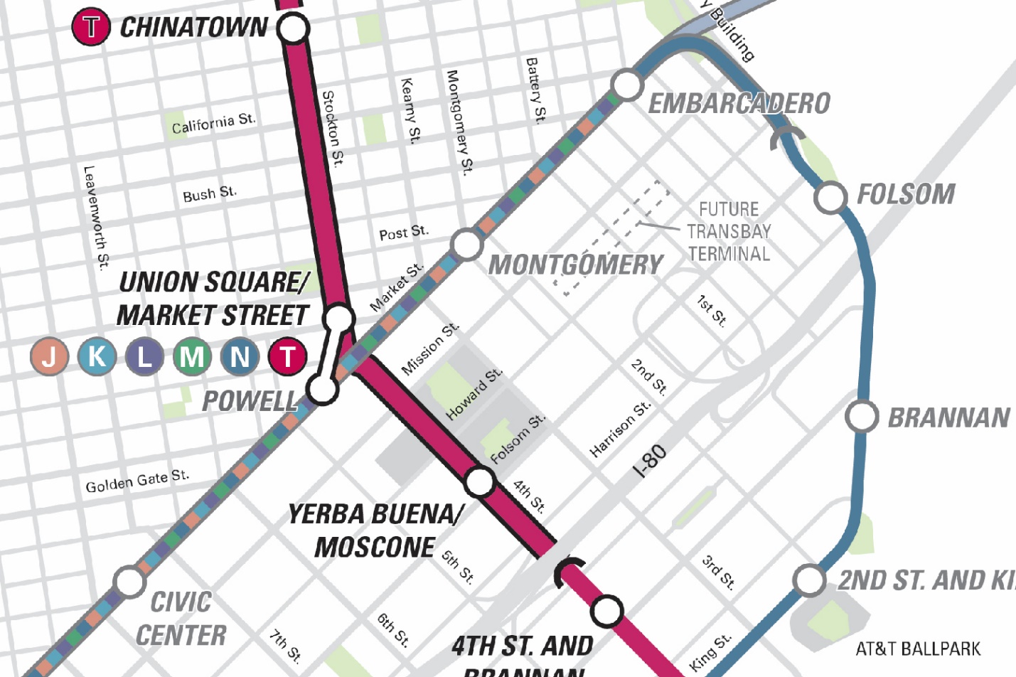 Central Subway project map shows a red line where the new line will be built up 4th Street and Stockton Street.