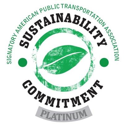 Graphic of a green leaf surrounded by "Sustainability Commitment, Platinum" ans "Signatory American Public Trnasportation Association"