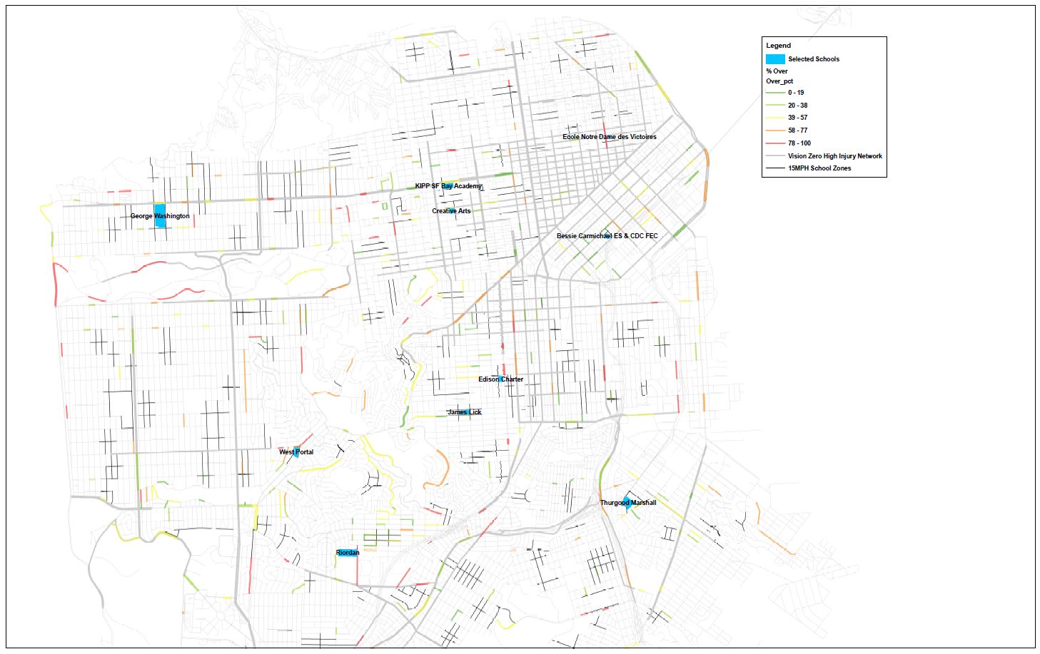 Map of San Francisco with 10 elementary and high schools marked on it 