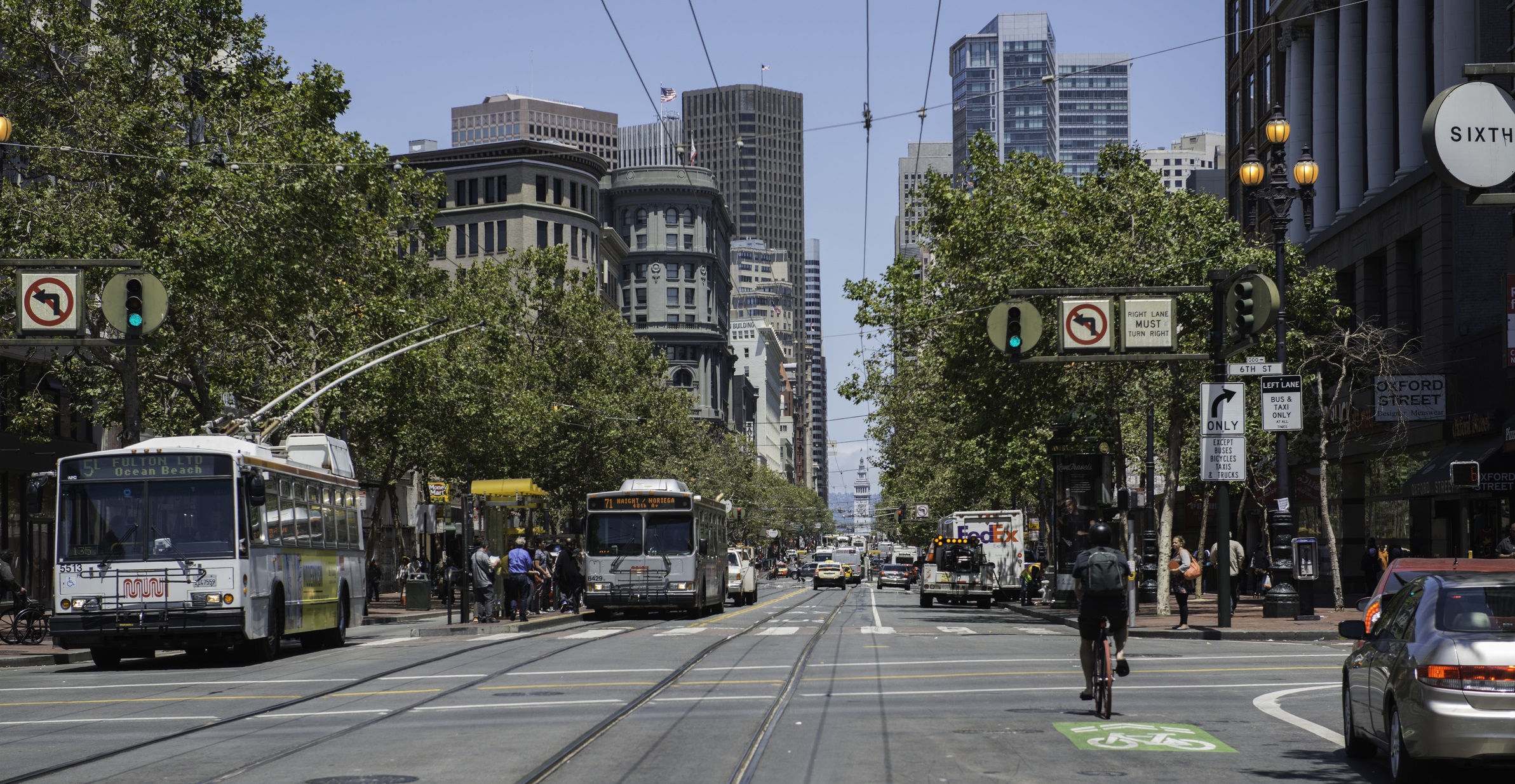 Buses, cars and bicycles traveling on Market Street