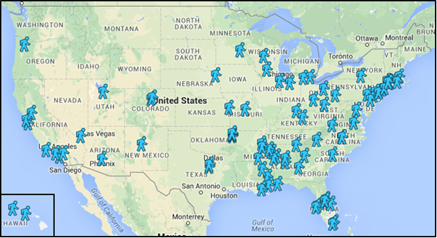 Graphic of U.S. map with pedestrian icons marking cities that have signed up for the DOT challenge.