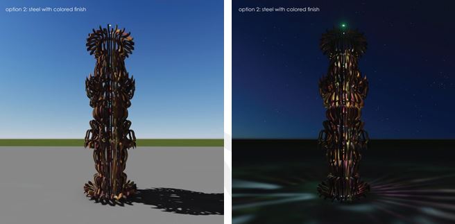 Side-by-side photos of a corrugated metal tower sculpture