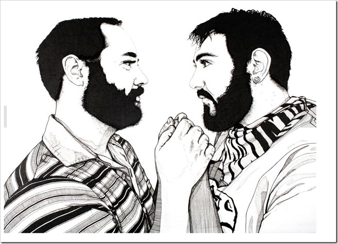 Black and white drawing of two bearded men in profile with their hands clasped together, looking into each other's eys.